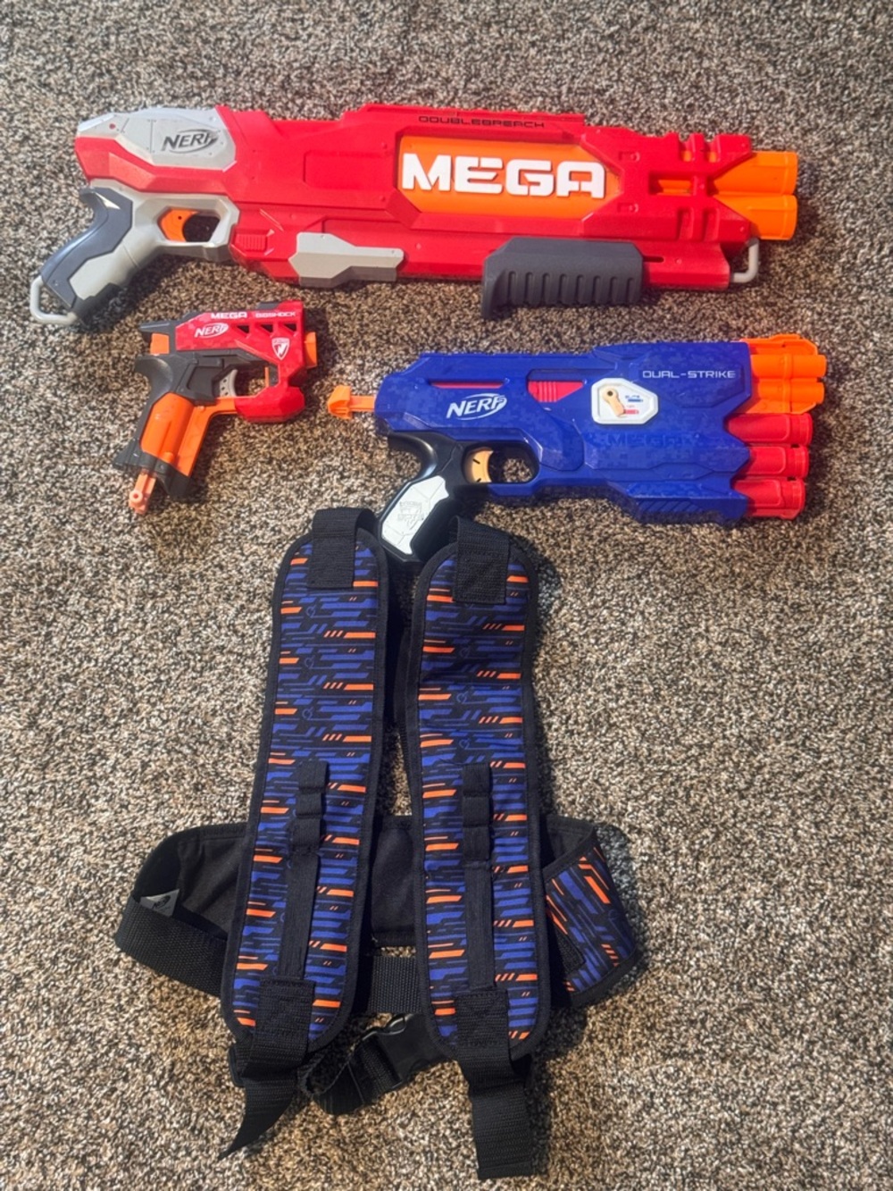 Nerf Red, Blue & Orange Mega and Dual-Strike Blaster Set with Harness lot of 4